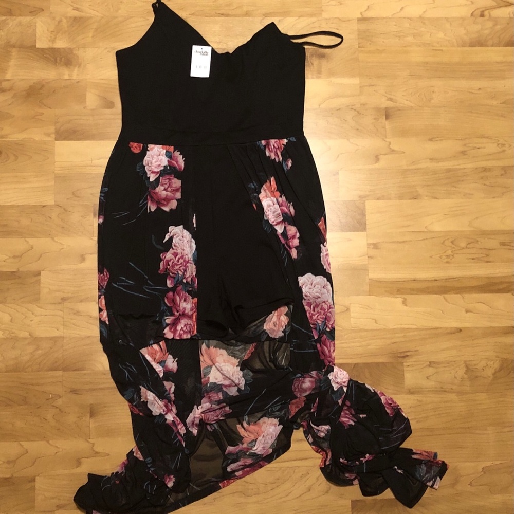 NWT Black Romper with floral skirt overlay